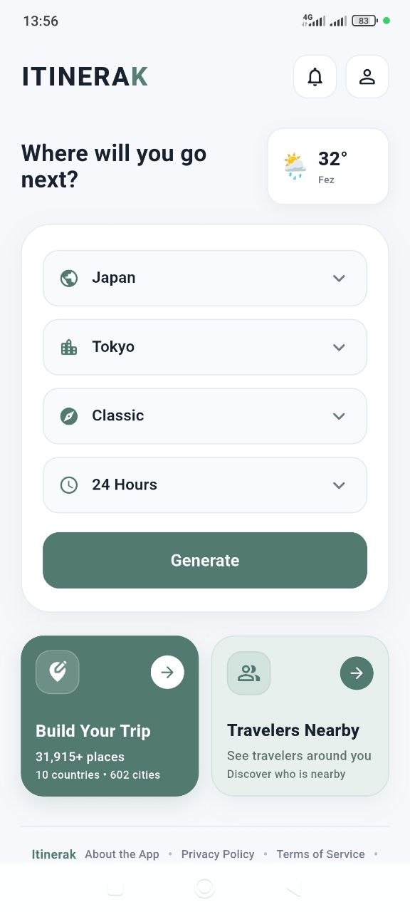 Official Itinerak app interface showing trip planning, destination weather, and traveler features