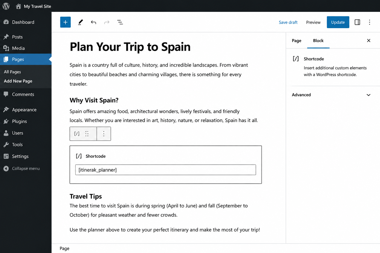Add the Itinerak Planner inside an existing WordPress page