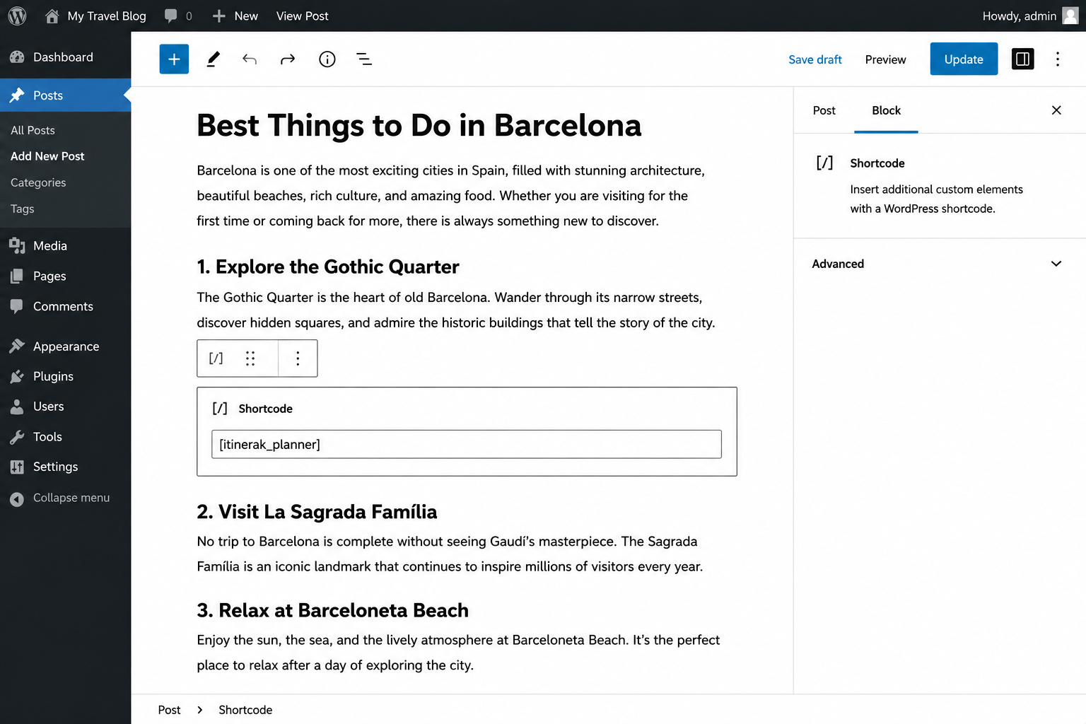 Add the Itinerak Planner shortcode inside a WordPress blog post