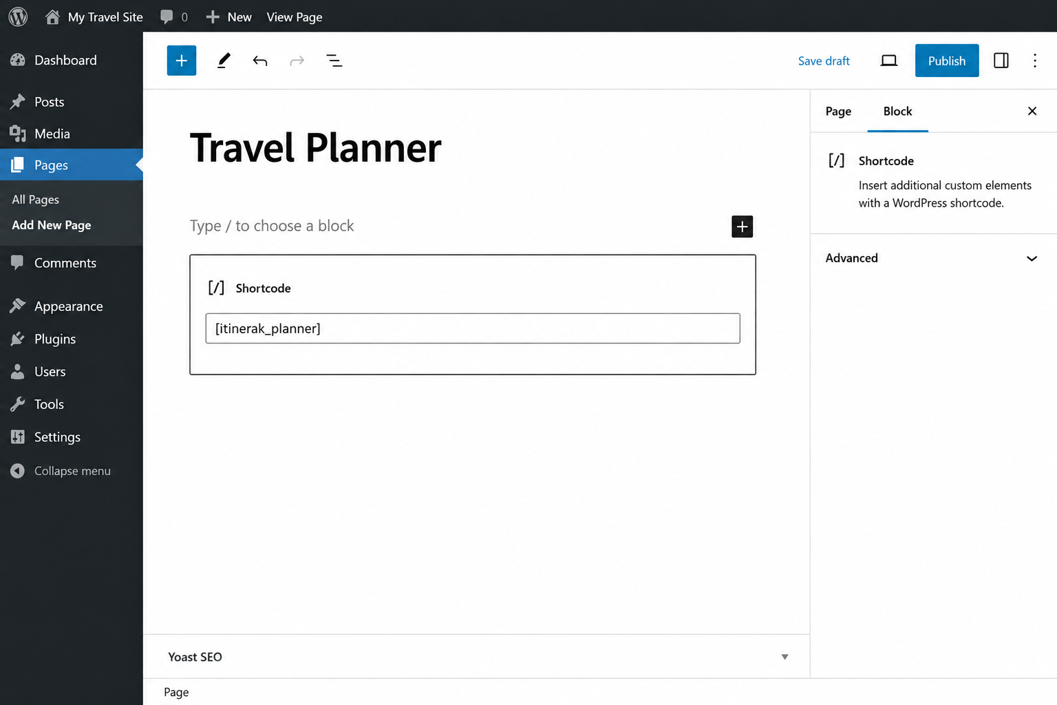 Add the Itinerak Planner shortcode to a WordPress page
