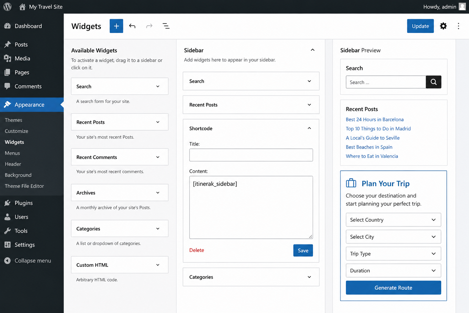 Add the Itinerak Sidebar Planner to a WordPress widget area