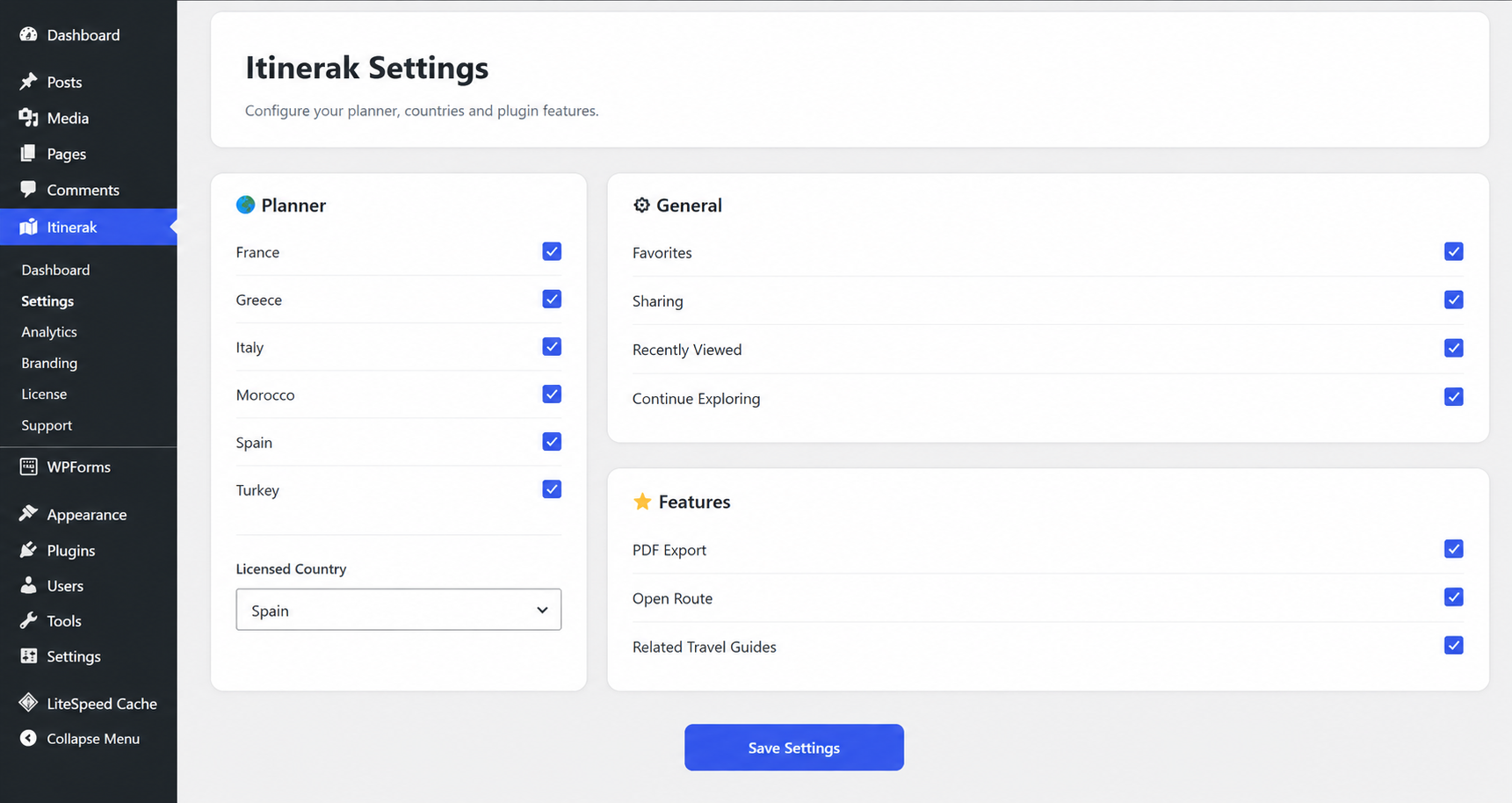 Choose a licensed country for the Itinerak Free plan