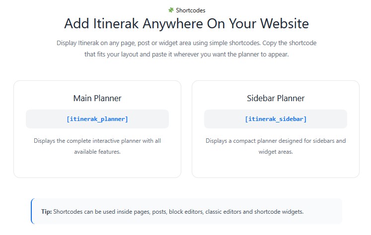 Itinerak Main Planner and Sidebar Planner shortcodes